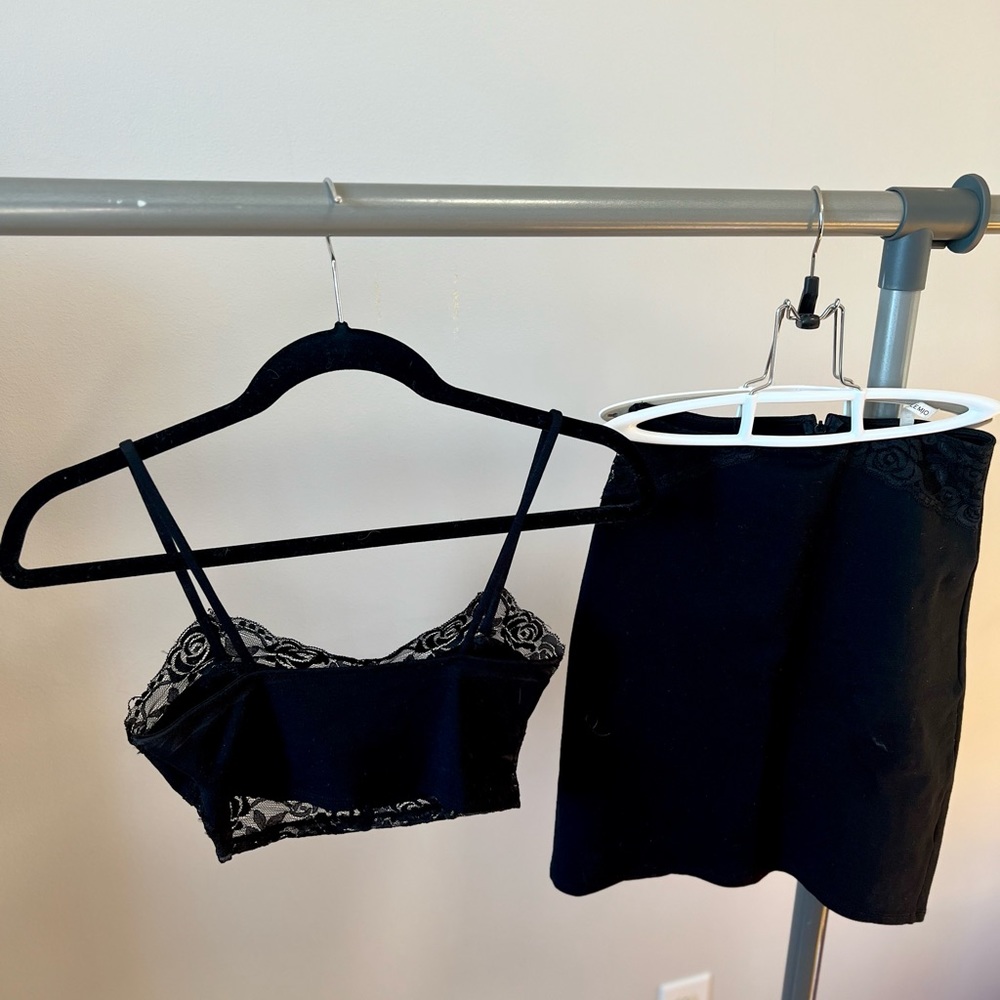 Two piece skirt and bralette set (black with lace trimming)